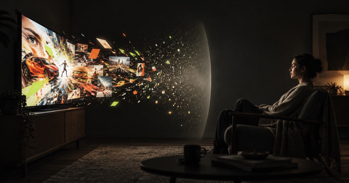 Concept illustration of a woman watching television, with a protective boundary filtering a stream of digital distractions.